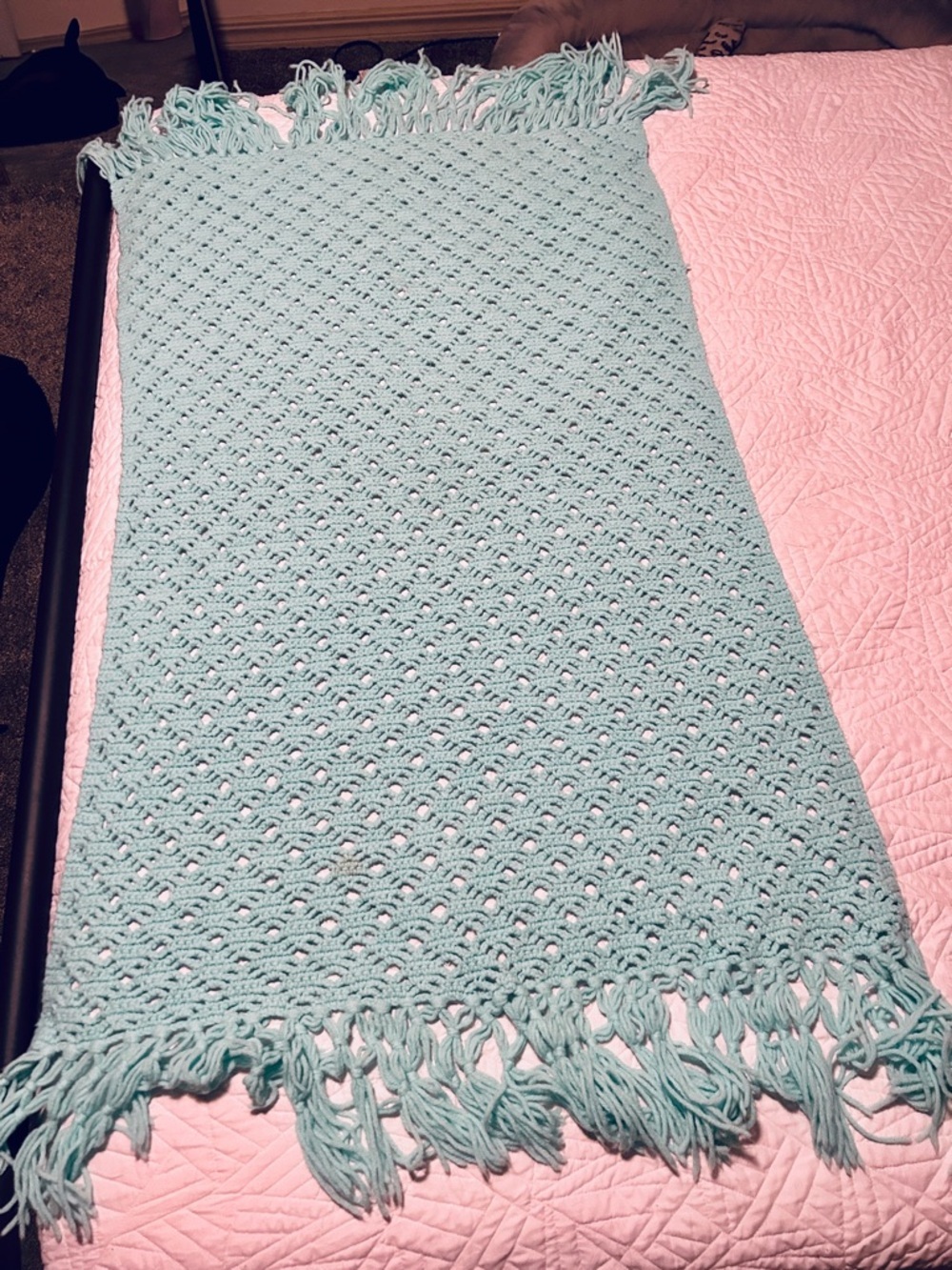 Handmade Teal Crochet Throw Blanket Afghan with Fringe